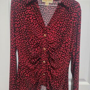 Michael Kors Red and Black Leopard Print Ruched Front Blouse